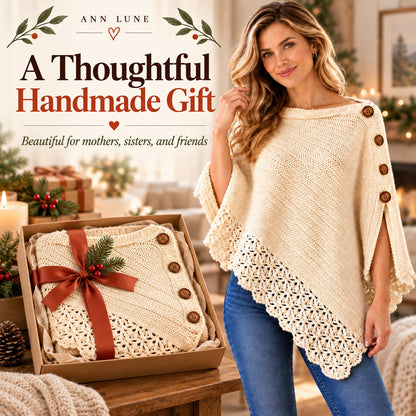 Uptown Poncho Crochet Pattern PDF – Easy Women’s Crochet Wrap with Button Detail & Lace Border
