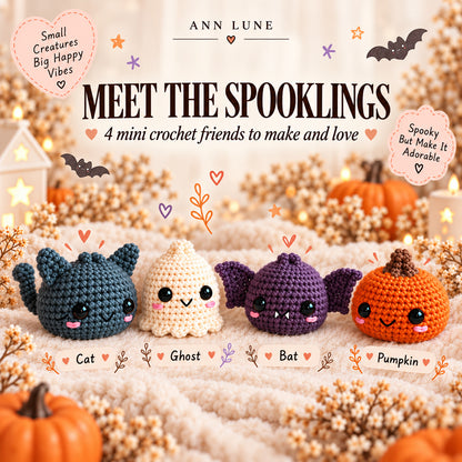 Little Wishes Spooklings Crochet Pattern Bundle PDF – Halloween Cat, Ghost, Bat & Pumpkin Amigurumi
