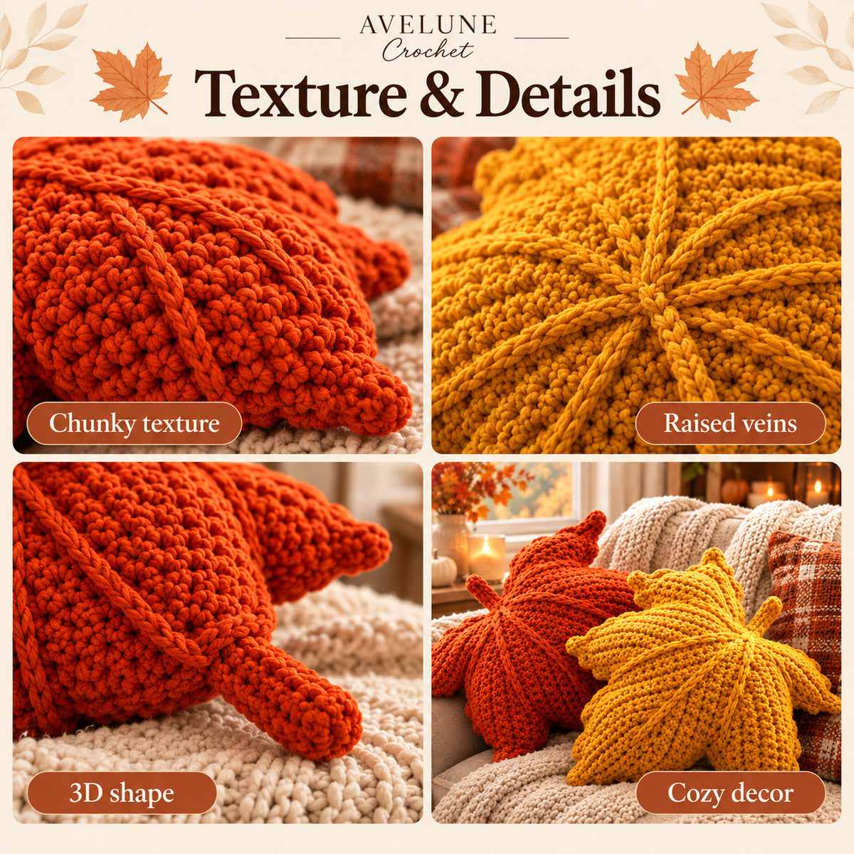 Crochet Maple Leaf Pillow Pattern PDF | Fall & Autumn Leaf Cushion, Cozy Home Decor