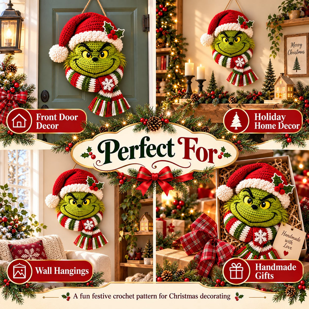 Green Christmas Character Door Hanger Crochet Pattern PDF | Festive Holiday Wall Decor | Christmas Crochet Pattern