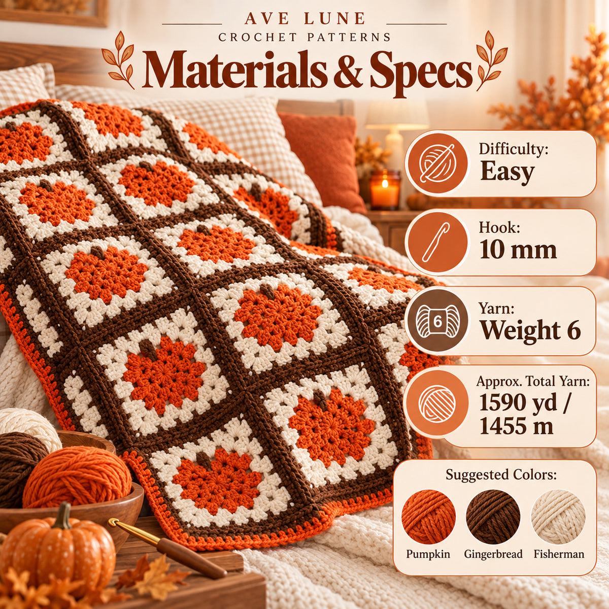 Pumpkin Season Throw Crochet Pattern PDF – Chunky Granny Square Pumpkin Blanket, Fall Home Decor
