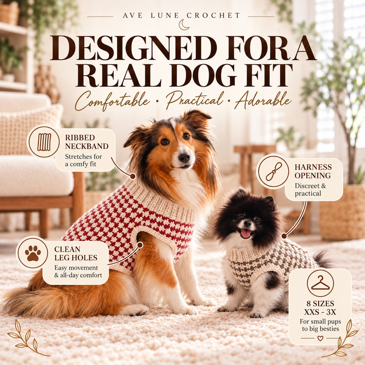 Houndstooth Dog Sweater Crochet Pattern PDF | XXS–3X Pet Sweater + Video Tutorial