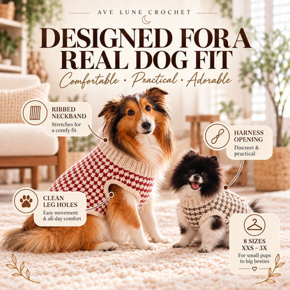 Houndstooth Dog Sweater Crochet Pattern PDF | XXS–3X Pet Sweater + Video Tutorial