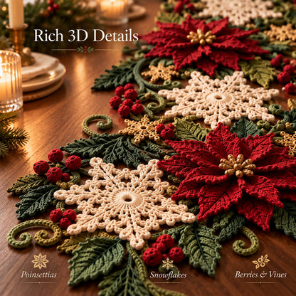 Christmas Table Runner Crochet Pattern PDF | 3D Poinsettia & Snowflake Holiday Table Decor