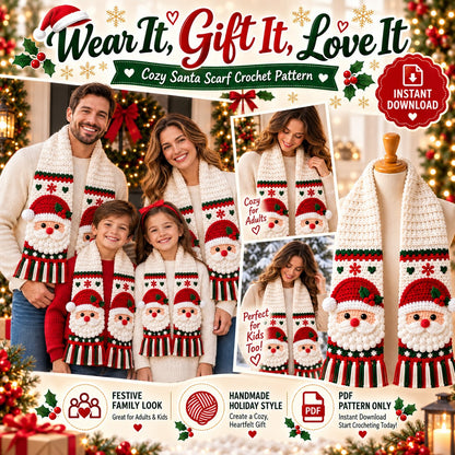 Santa Crochet Scarf Pattern PDF | Christmas Holiday Scarf Pattern