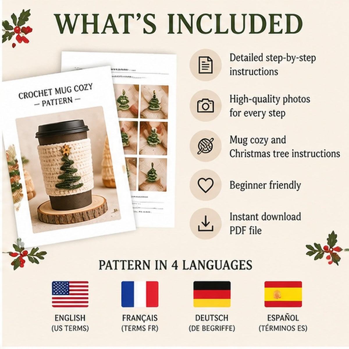 Christmas Mug Cozy Crochet Pattern PDF | Holiday Coffee Cup Sleeve | Christmas Tree Cup Cozy | 4 Languages