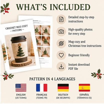 Christmas Mug Cozy Crochet Pattern PDF | Holiday Coffee Cup Sleeve | Christmas Tree Cup Cozy | 4 Languages