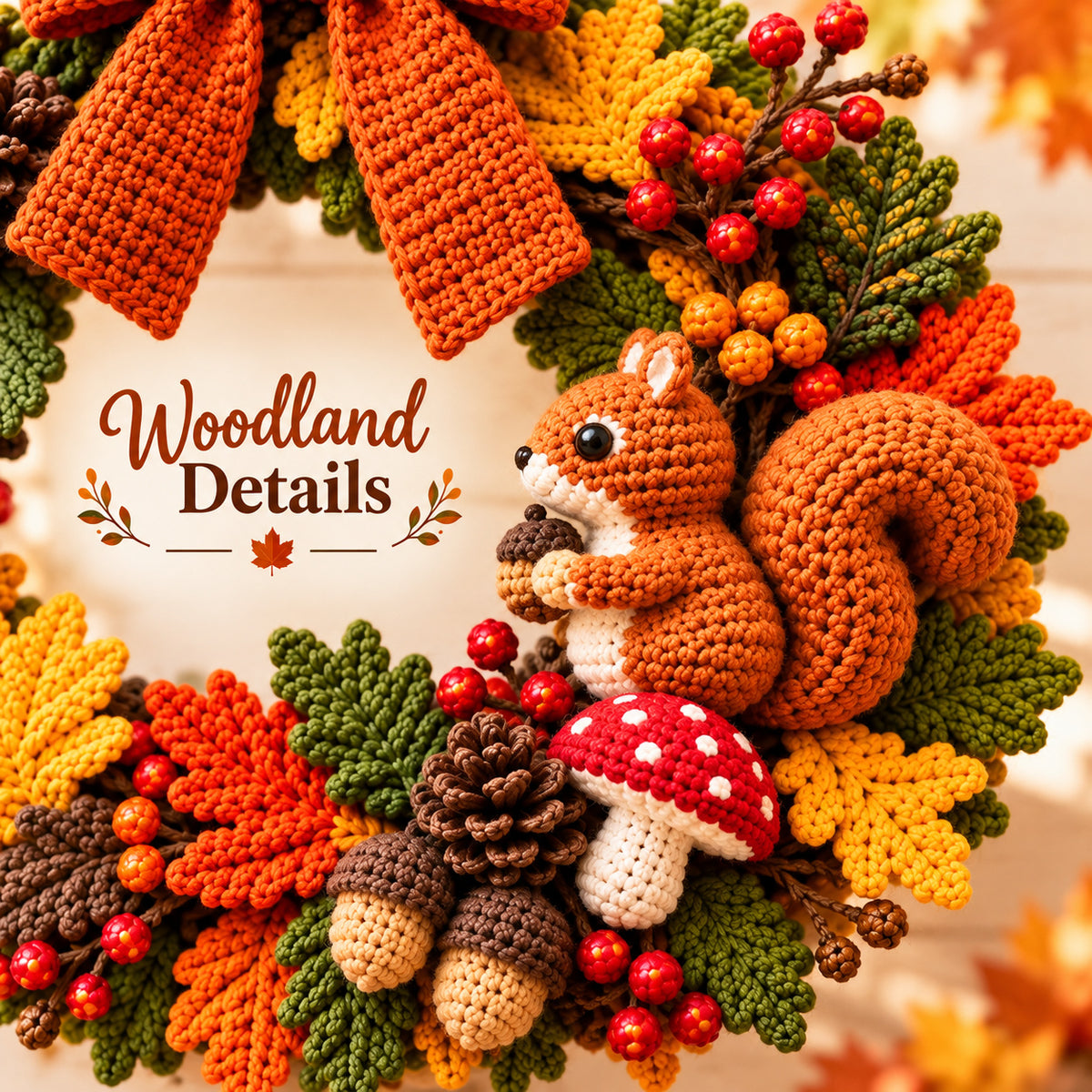 Woodland Autumn Wreath Crochet Pattern PDF – Fall Wreath with Squirrel, Mushrooms & Acorns