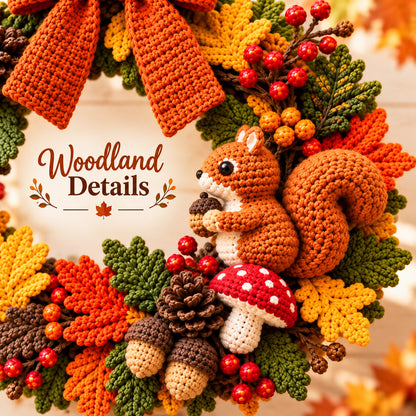 Woodland Autumn Wreath Crochet Pattern PDF – Fall Wreath with Squirrel, Mushrooms & Acorns