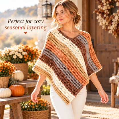 Crochet Sunset Poncho Pattern PDF + Video Tutorial – Boho Striped Wrap
