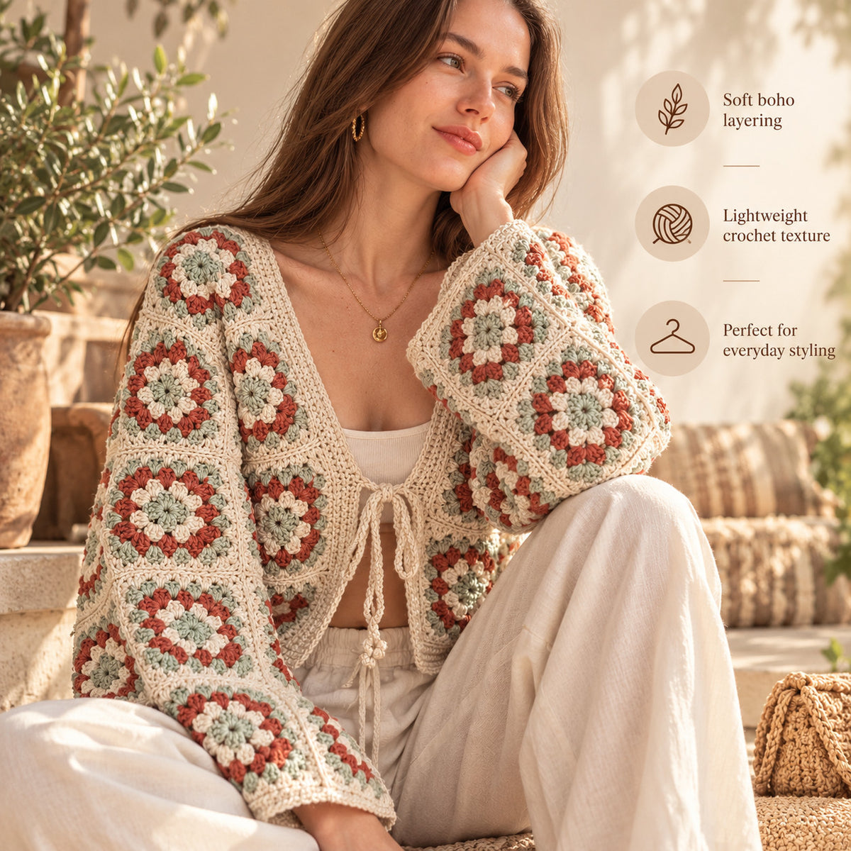 Granny Square Cardigan Crochet Pattern PDF – Tie Front, Made to Measure
