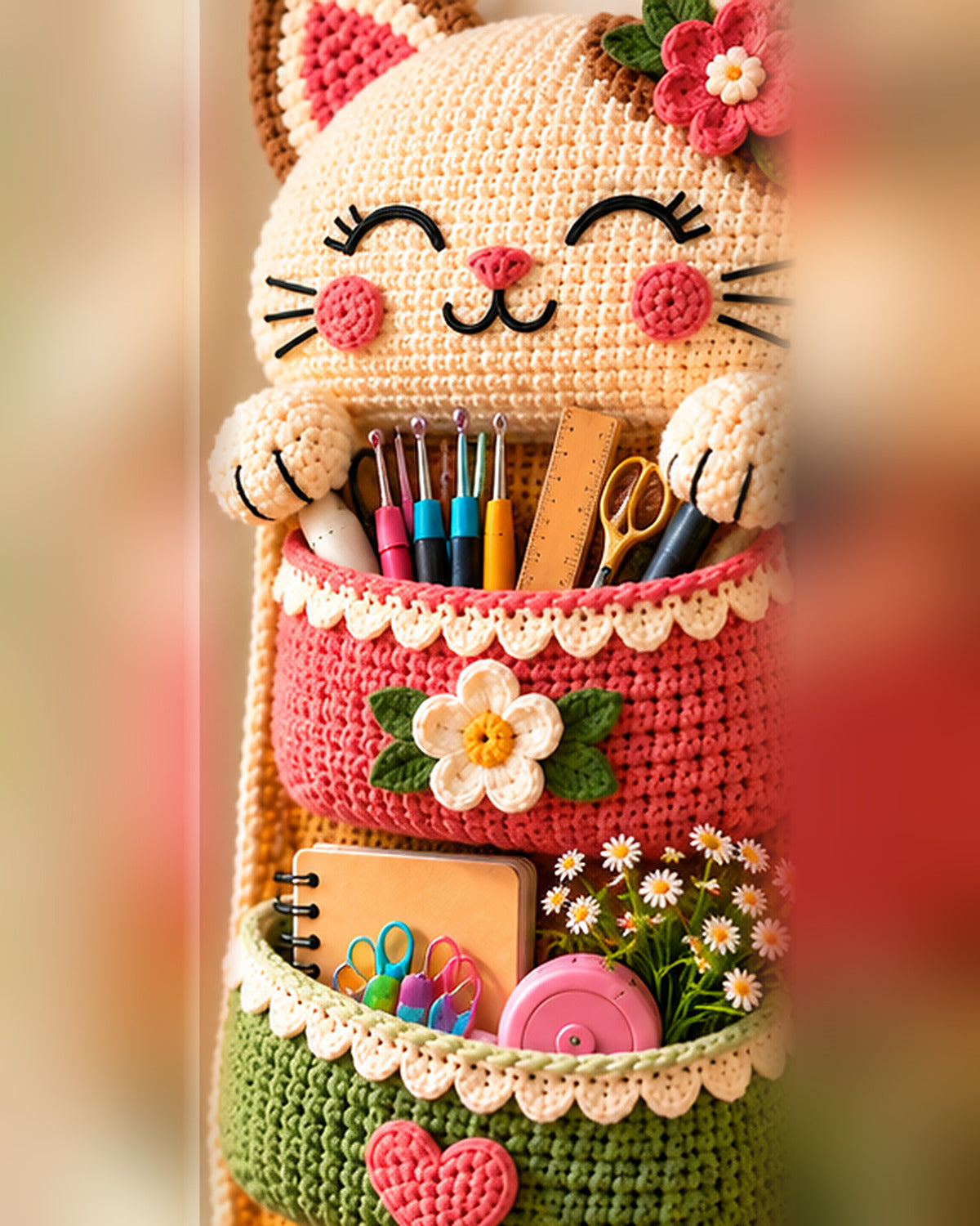 Crochet Cat Wall Organizer Pattern PDF – 3-Pocket Hanging Storage