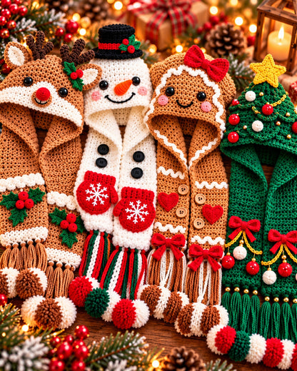 Christmas Hooded Scarf Crochet Pattern PDF – 4 Designs | Ave Lune Crochet