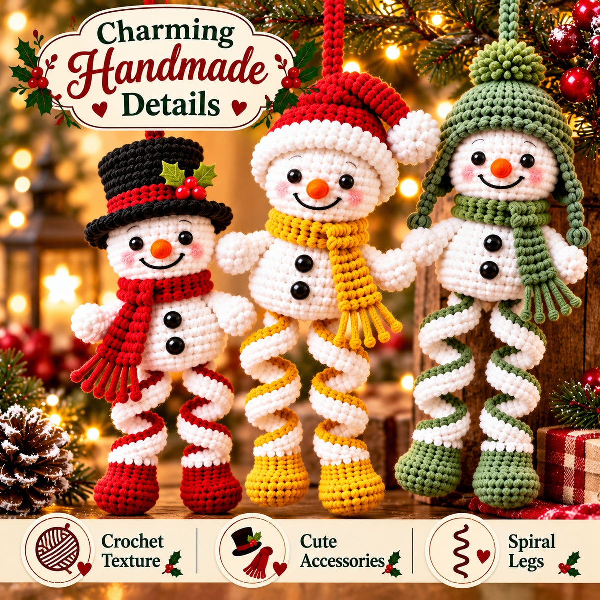 Christmas Spiral Snowman Crochet Pattern PDF – 5 Festive Ornament Designs