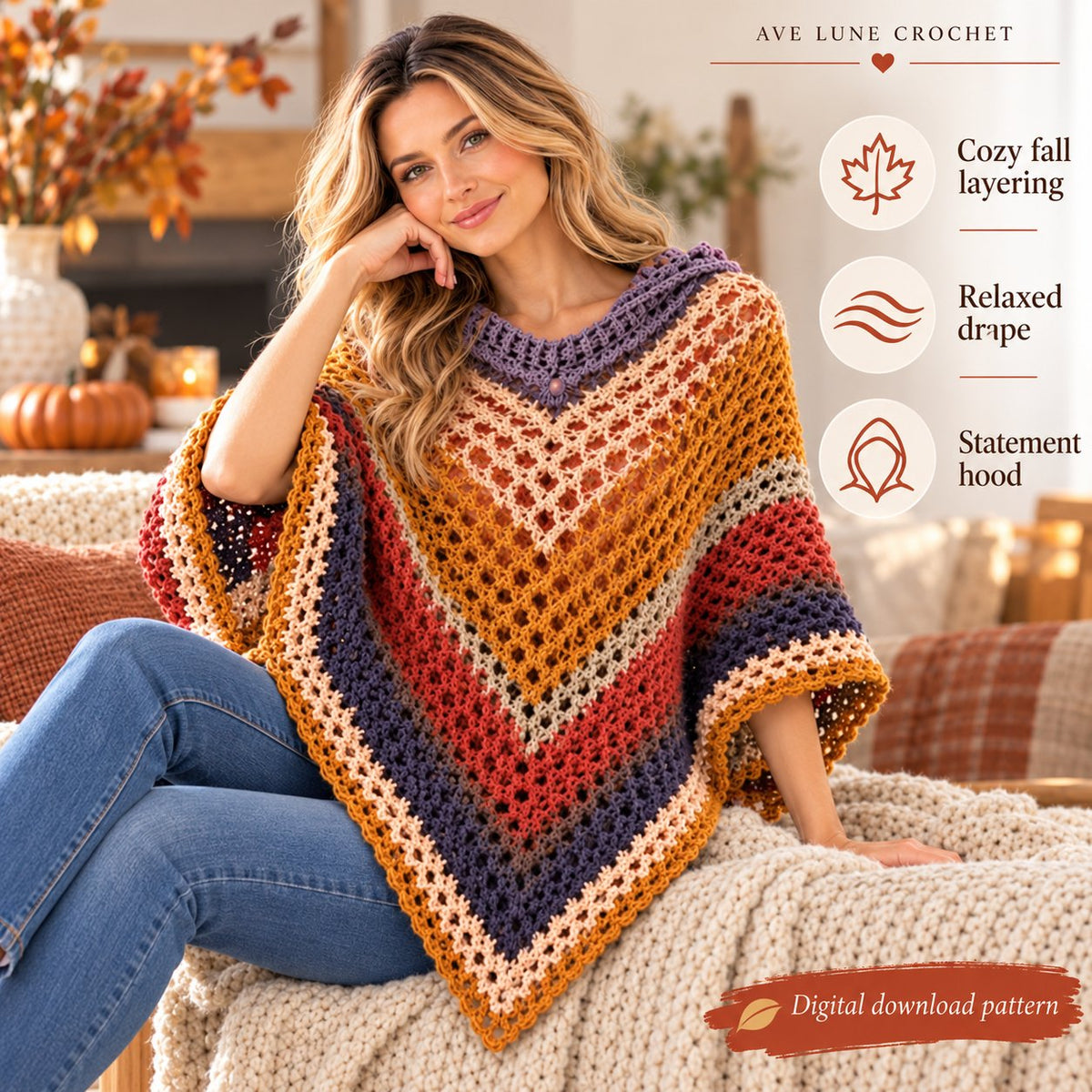 Autumn Leaves Hooded Poncho Crochet Pattern PDF + Video Tutorial
