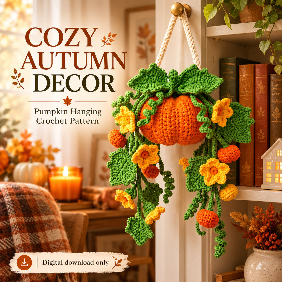 Pumpkin Hanging Crochet Pattern PDF – Fall Wall Decor, Autumn Pumpkin Plant