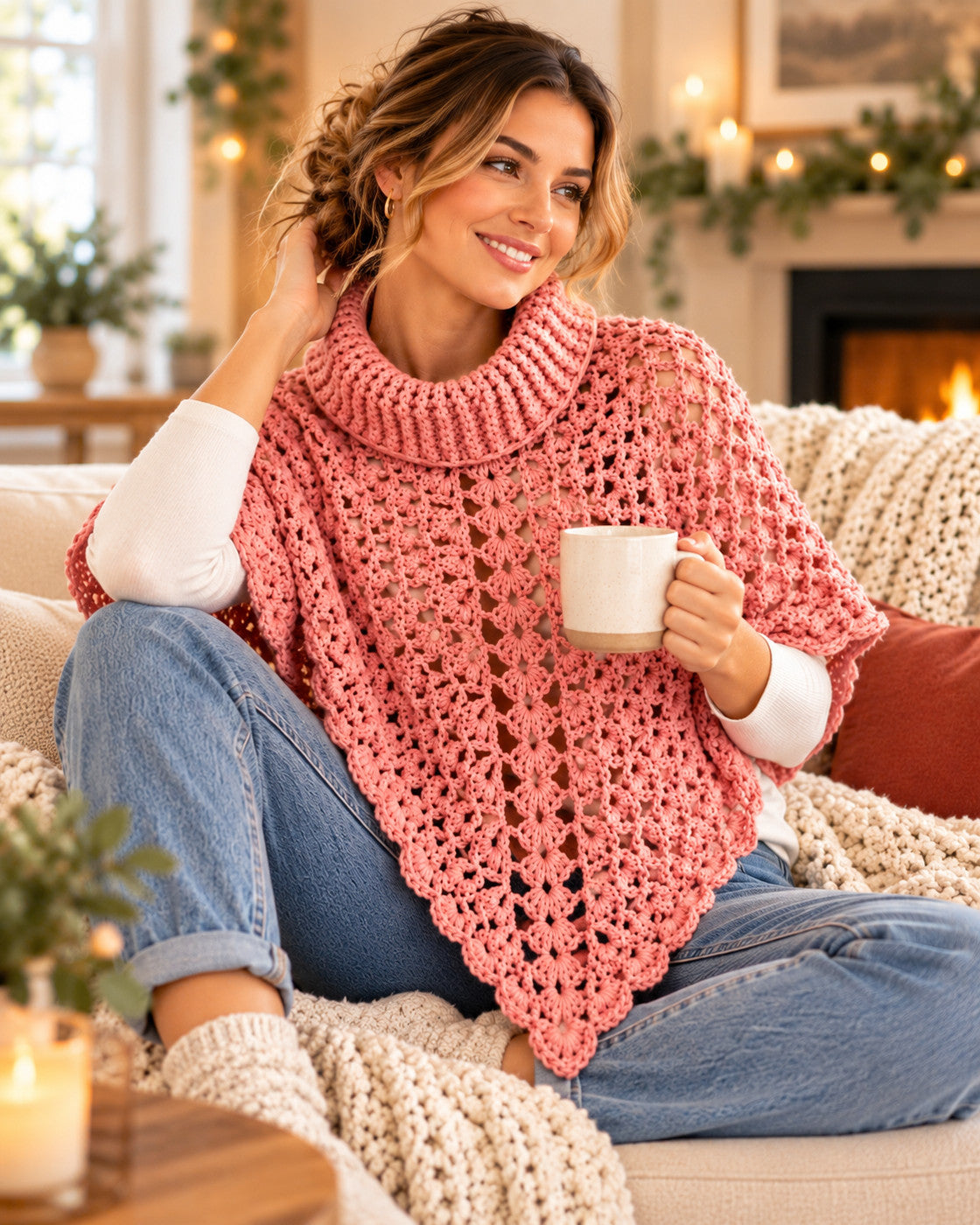 Turtleneck Poncho Crochet Pattern PDF – Openwork Lace Poncho for Women