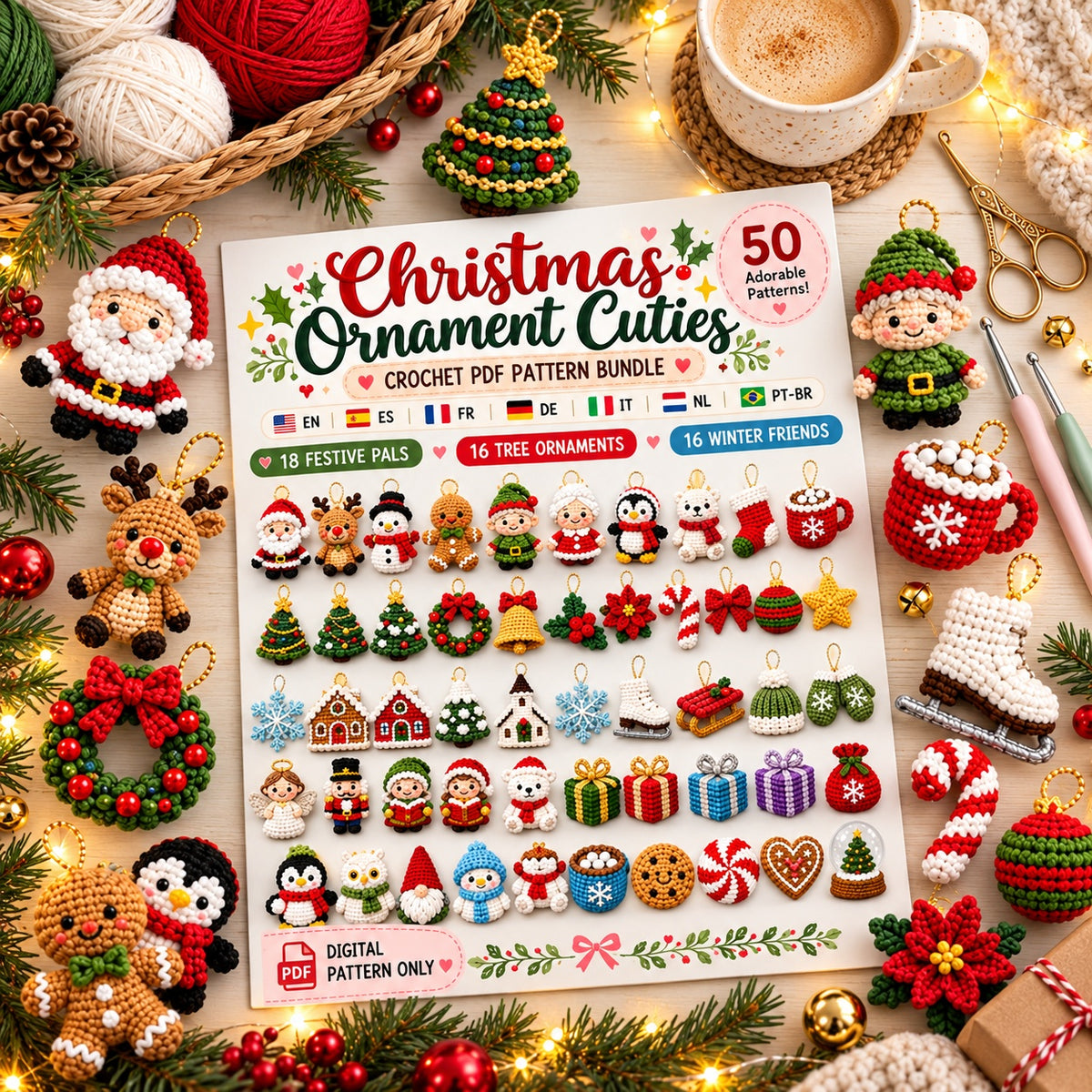 50 Christmas Crochet Ornament Patterns PDF Bundle – Mini Amigurumi Decorations
