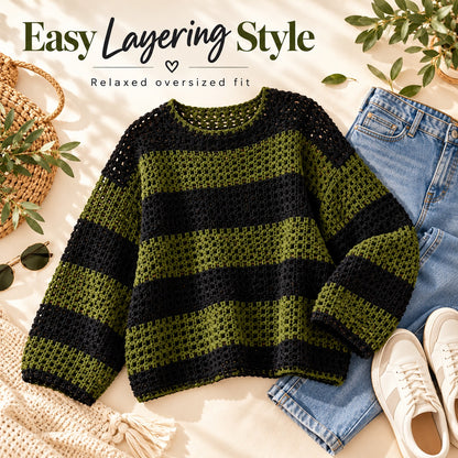 Oversized Striped Mesh Sweater Crochet Pattern PDF – Beginner Friendly Pullover