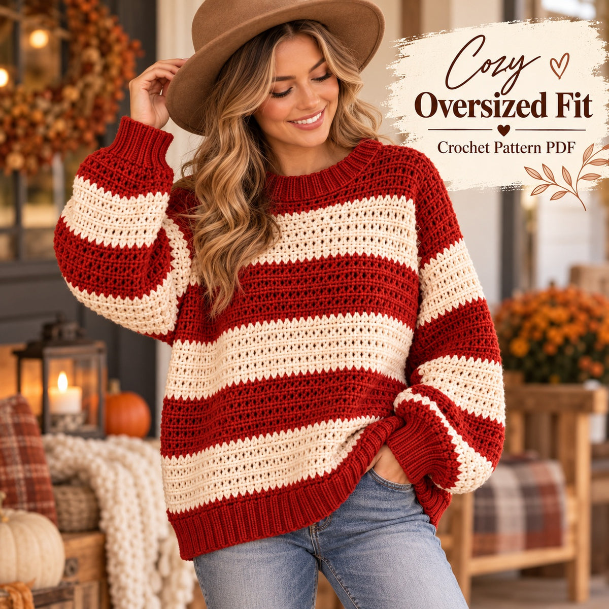 Oversized Striped Crochet Sweater Pattern PDF – Sizes 3XS–4XL Pullover