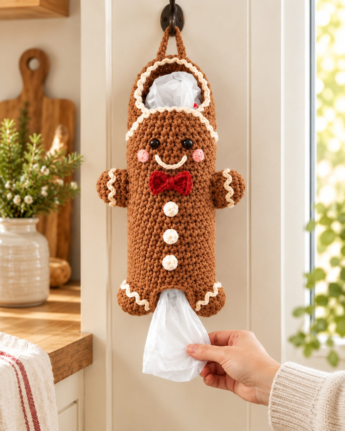 Gingerbread Man Bag Keeper Crochet Pattern PDF – Christmas Plastic Bag Holder