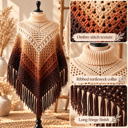 Crochet Ombre Fringe Poncho Pattern PDF – Boho Granny Stripe Wrap