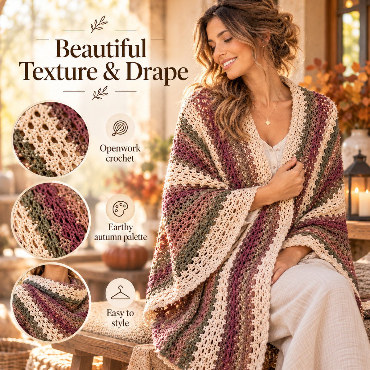 Crochet Wrap Pattern PDF – Autumn Striped Shawl, Boho Rectangle Wrap