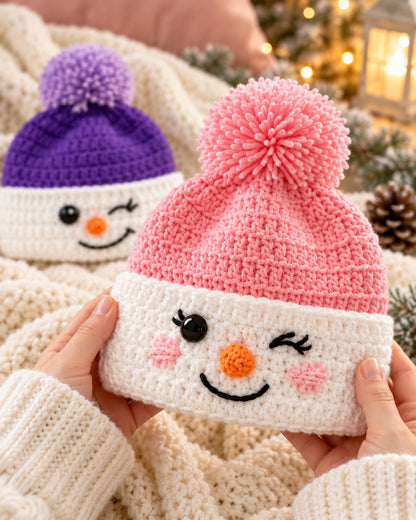 Snowman Crochet Beanie Pattern PDF – Purple & Pink Winter Hat