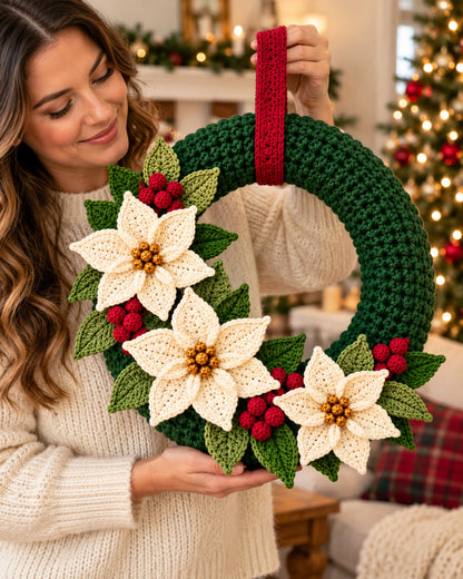 Crochet Christmas Wreath Pattern PDF – Poinsettias & Berries