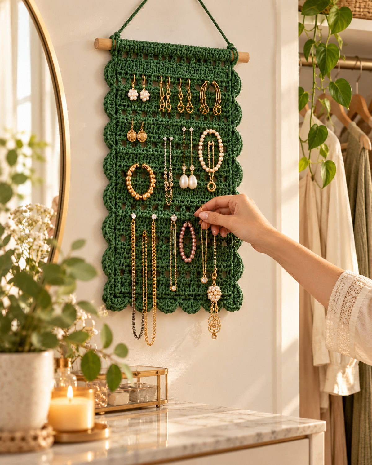 Crochet Jewelry Holder Pattern PDF – Boho Wall Hanging Organizer