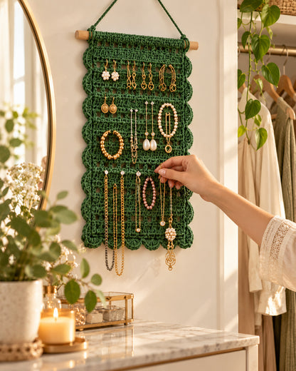 Crochet Jewelry Holder Pattern PDF – Boho Wall Hanging Organizer