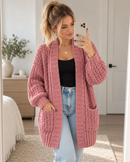 Crochet Pocket Cardigan Pattern PDF – Long Oversized Cardigan XS–5XL