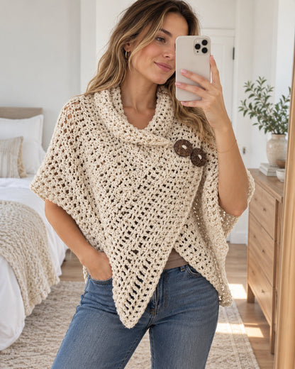 AZALI Crochet Wrap Pattern PDF – Asymmetrical Button Poncho