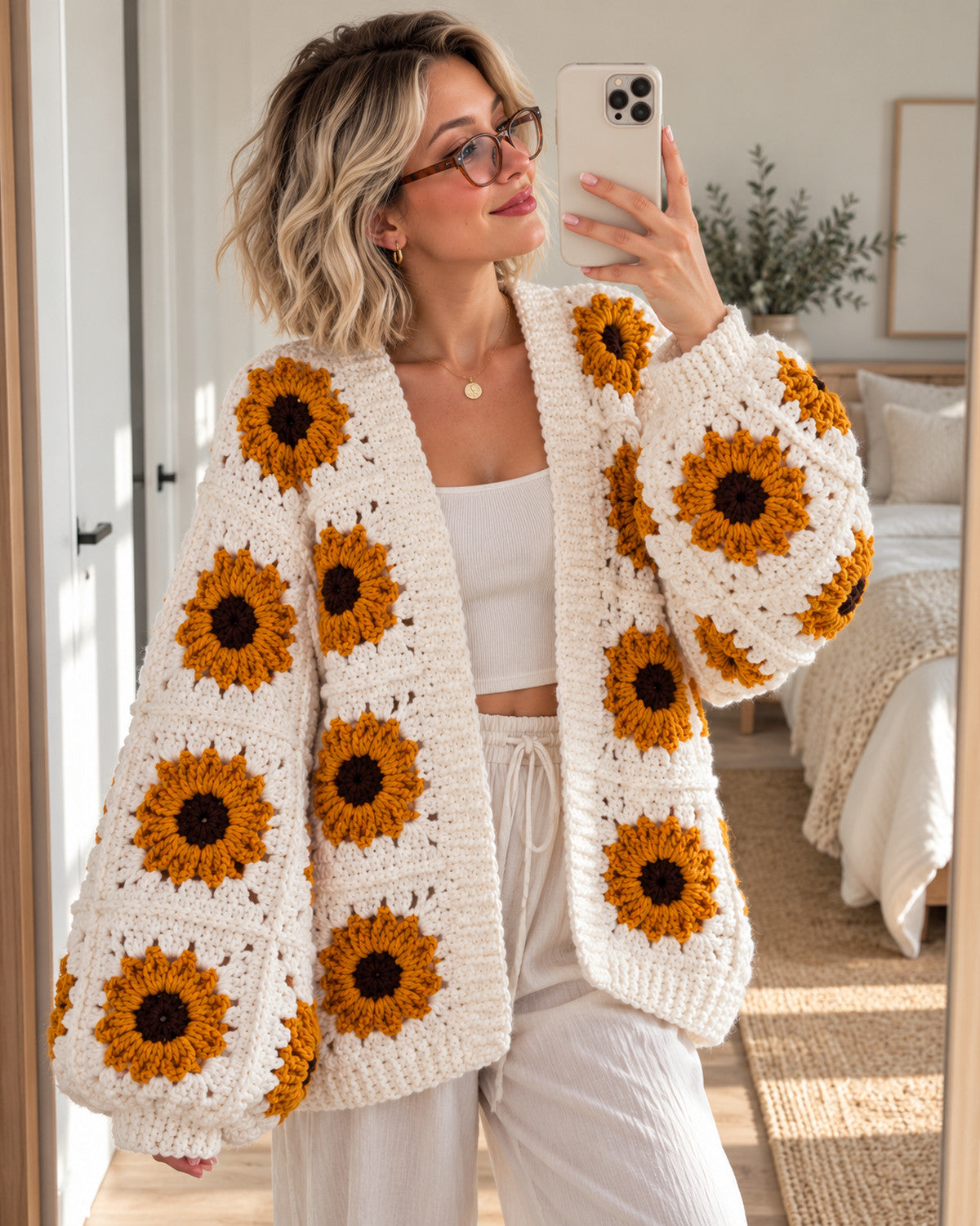 Sunflower Granny Square Cardigan Crochet Pattern PDF – Oversized Floral Cardigan