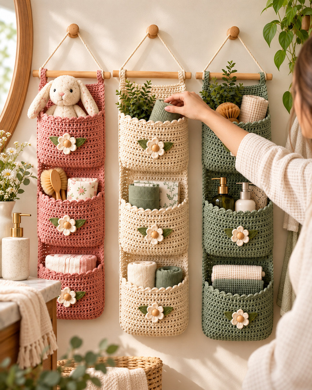 Crochet Wall Organizer Pattern PDF – 3 Sizes, Floral Hanging Storage