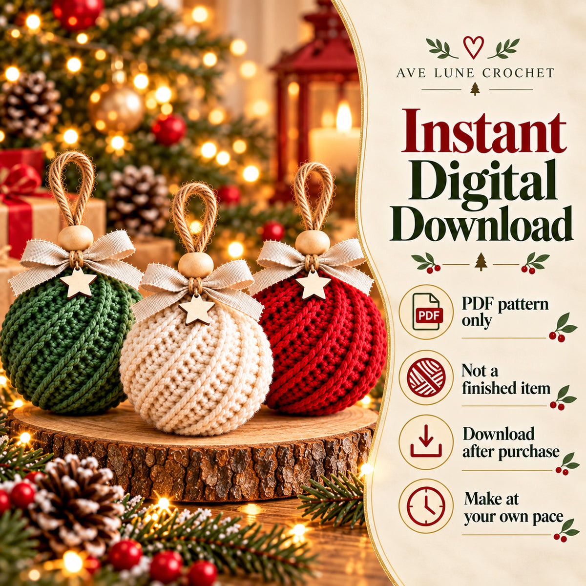 Christmas Ornament Crochet Pattern Bundle PDF, 3 Crochet Bauble Patterns, Beginner Holiday Decor, Digital Download