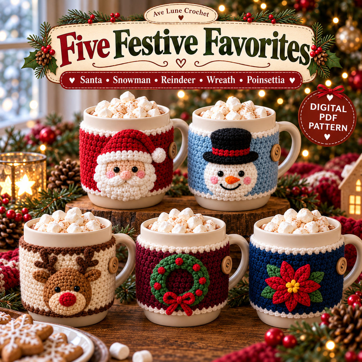 10 Christmas Mug Cozy Crochet Patterns PDF Bundle, Beginner Holiday Cup Cozy Patterns, English Digital Download