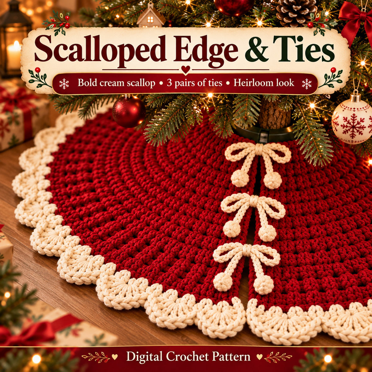 Christmas Tree Skirt Crochet Pattern PDF, Beginner Crochet Tree Skirt, 2 Sizes 30 & 40 Inch, 5 Languages
