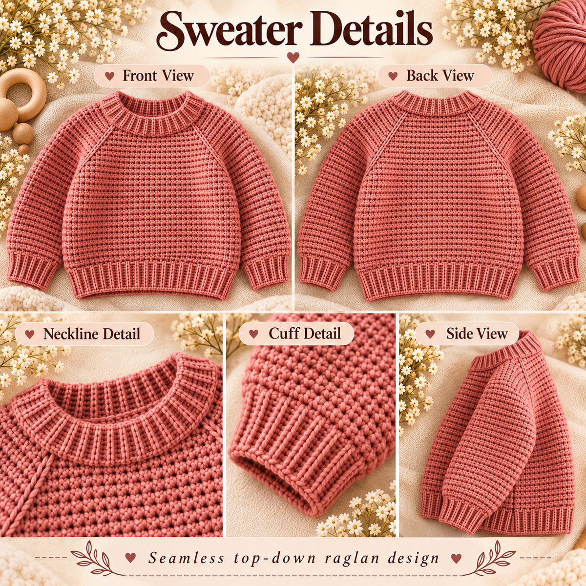 Kids Seamless Raglan Crochet Sweater Pattern PDF, Top Down Children’s Pullover, Sizes 1–10 Years