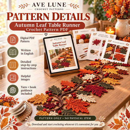 Autumn Leaf Table Runner & Coaster Crochet Pattern PDF – Fall Thanksgiving Table Decor