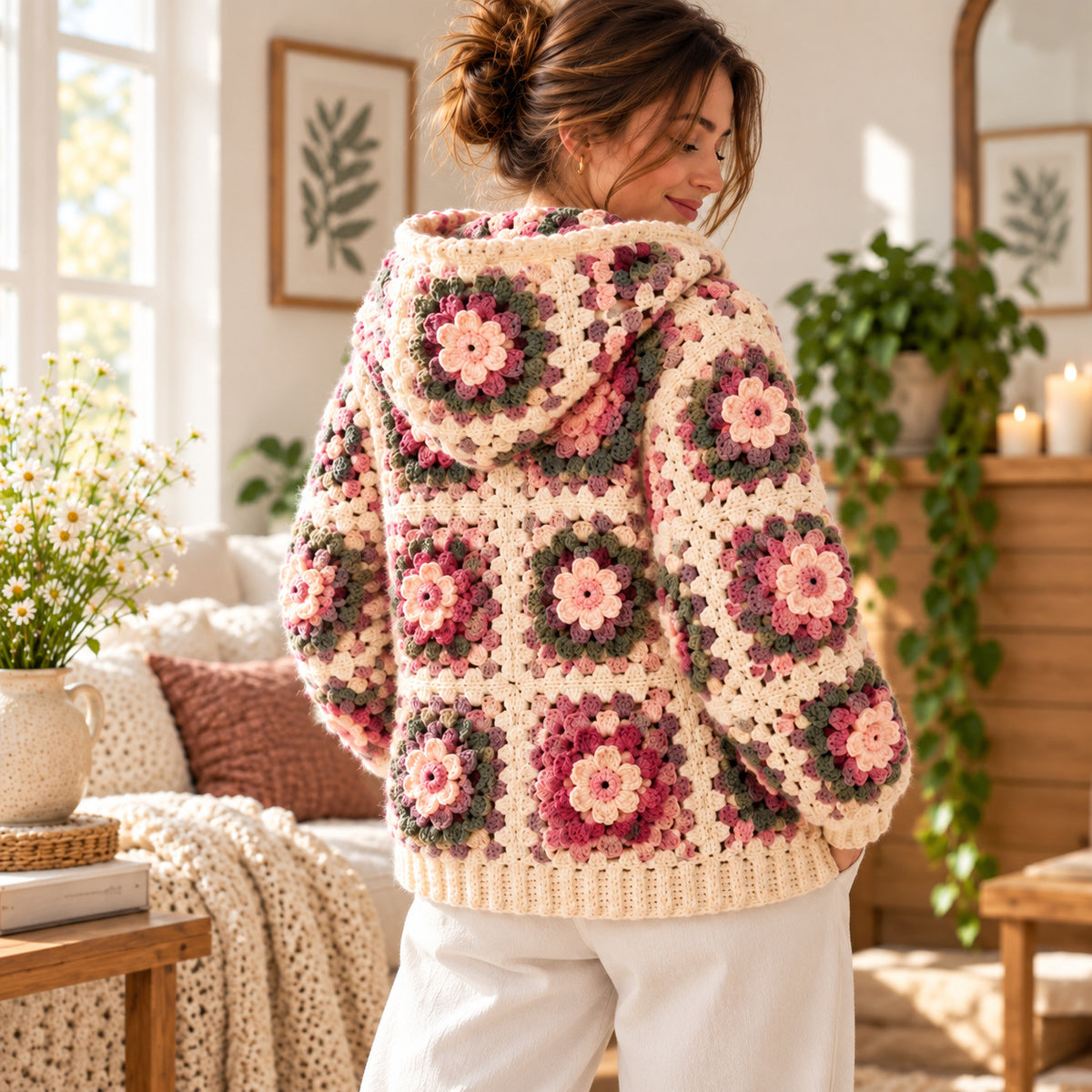 Floral Granny Square Hoodie Crochet Pattern PDF | 3D Flower Zip-Up Cardigan
