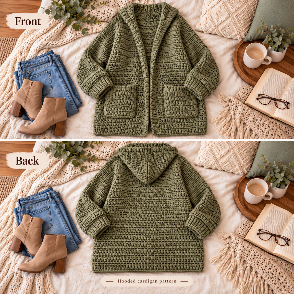 Chunky Hooded Cardigan Crochet Pattern PDF – Oversized Women’s Pocket Sweater