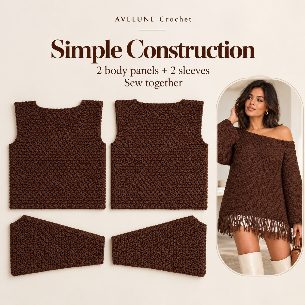 Coco Fringe Crochet Sweater Pattern PDF | Oversized Off-Shoulder Sweater XS–5XL