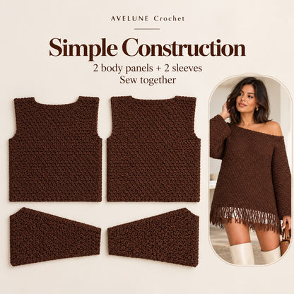Coco Fringe Crochet Sweater Pattern PDF | Oversized Off-Shoulder Sweater XS–5XL