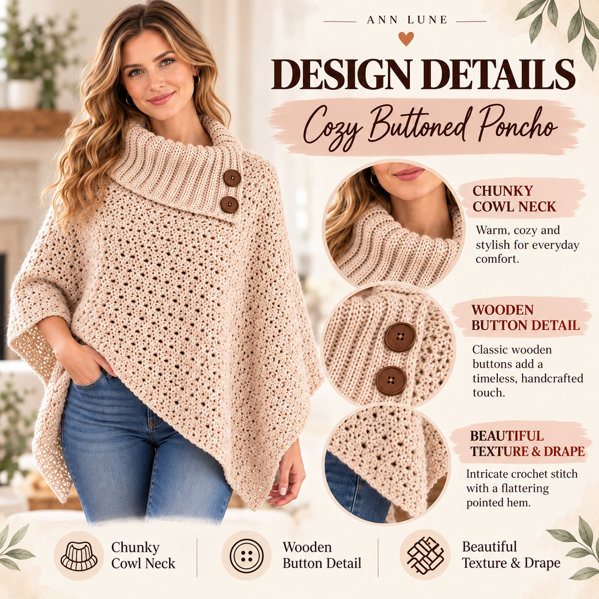 Cozy Buttoned Poncho Crochet Pattern PDF – Women’s Cowl Neck Crochet Poncho & Winter Wrap