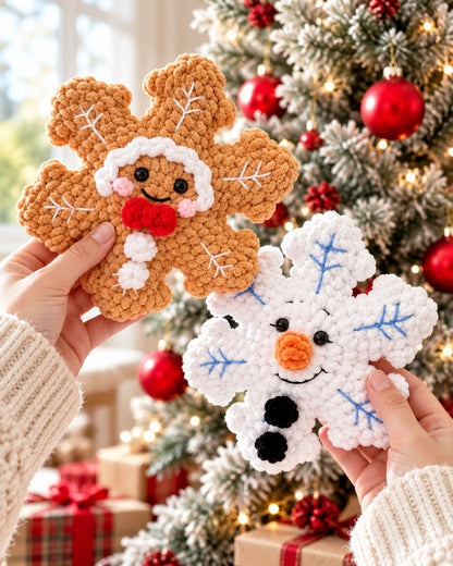 4-in-1 No-Sew Plush Christmas Snowflake Crochet Pattern PDF | Santa, Reindeer, Snowman & Gingerbread