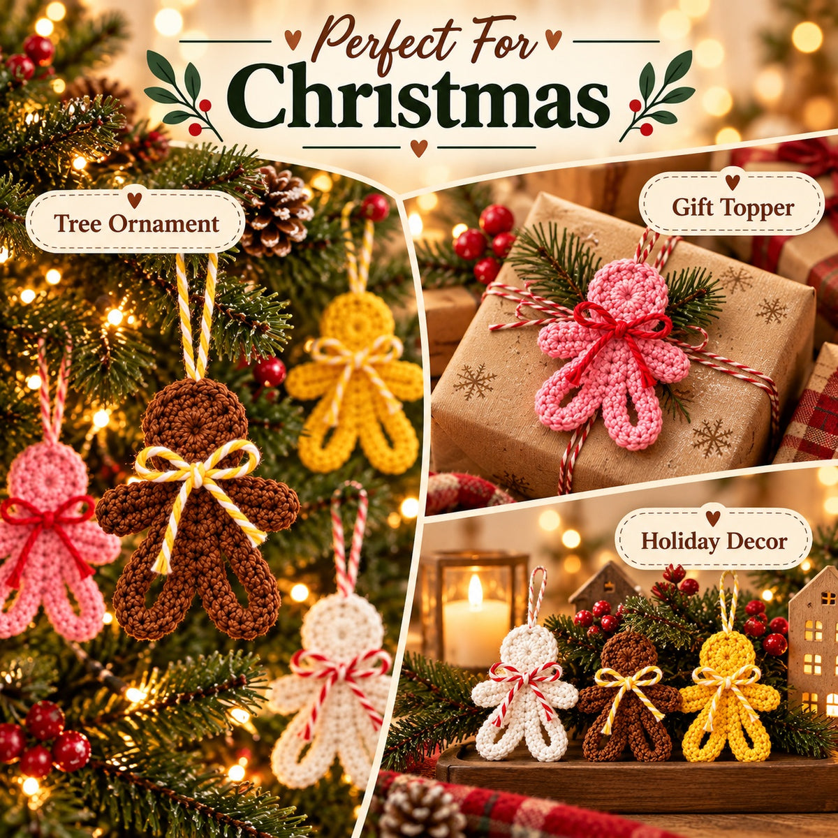 Mini Gingerbread Man Crochet Ornament Pattern PDF – Easy Christmas Tree Decoration & Gift Topper