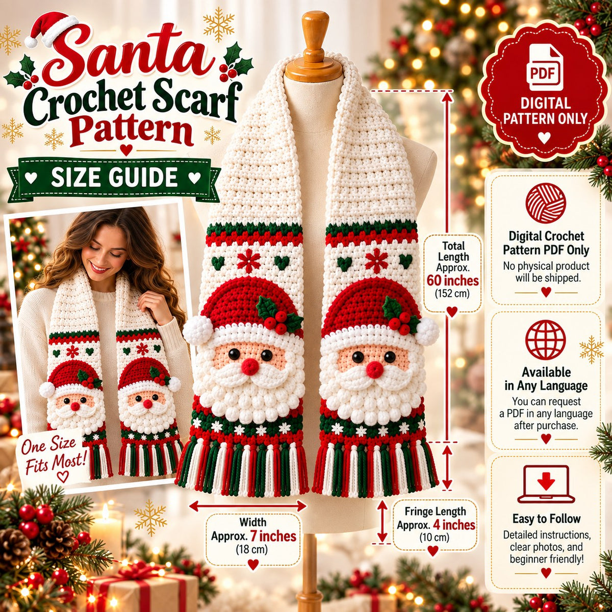Santa Crochet Scarf Pattern PDF | Christmas Holiday Scarf Pattern