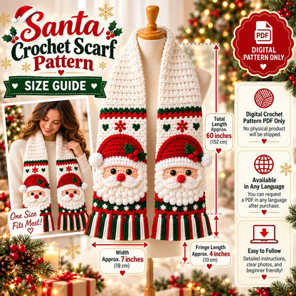 Santa Crochet Scarf Pattern PDF | Christmas Holiday Scarf Pattern