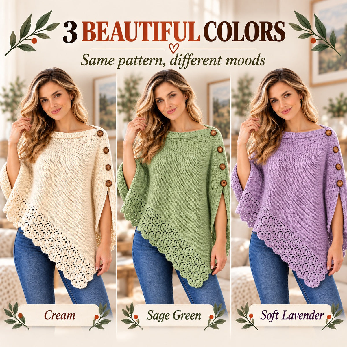 Uptown Poncho Crochet Pattern PDF – Easy Women’s Crochet Wrap with Button Detail & Lace Border